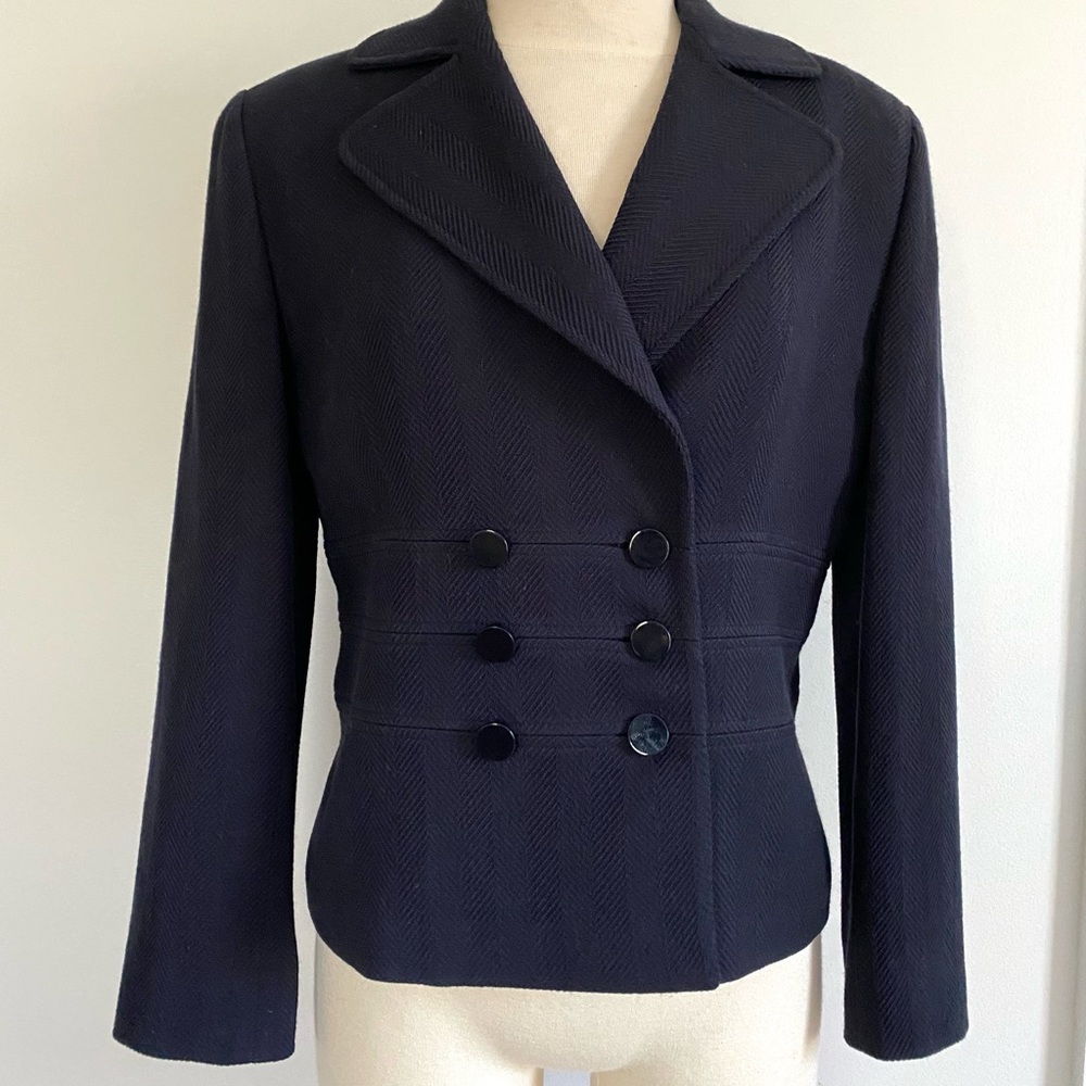 Armani Collezioni Navy Herringbone Double-Breasted Blazer